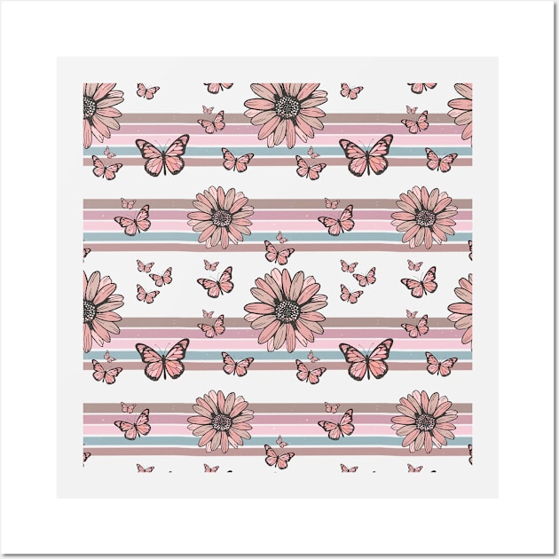 Retro Daisies floral pattern design with butterflies Wall Art by Mastilo Designs